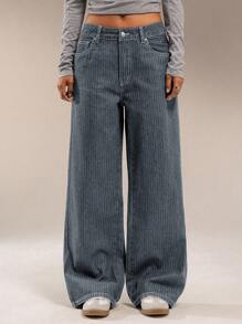 Forever 21 Autumn/Winter New Straight Leg Low Rise Unique Jacquard Stripe Casual Versatile Dark Wash Denim Jeans