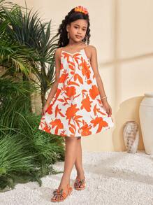 SHEIN Tween Mädchen Lässig Locker Bedrucktes Webstoff Trägerkleid in Midi-Länge, Urlaubsstil