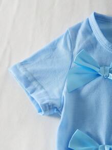 2pcs/Set Girls Summer Casual Outfit, Includes Cute Bowknot Solid Color T-Shirt And Lightweight Comfy Denim Pants, Fashionable Young Girl Suit - Blue - View 6