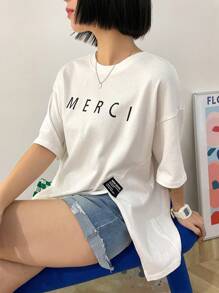 DAZY Letter Graphic Drop Shoulder Split Hem Tee Summer Oversized T-Shirt - White - View 4