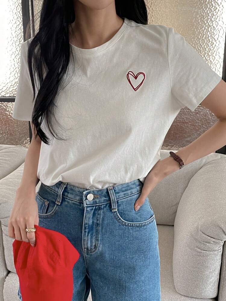 Women's Heart Print Short Sleeve T-Shirt Valentine's Day