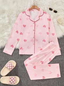 Conjunto de Pijama com Estampa de Coração Elegante para Meninas Adolescentes
