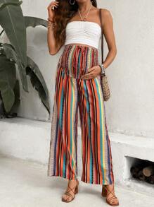 SHEIN Maternity Colorful Striped Wide Leg Casual Pants With Waist Drawstring - Multicolor - View 3