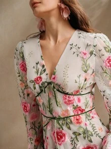 Anewsta 女士长袖花卉刺绣网眼宽松优雅休闲连衣裙，粉色