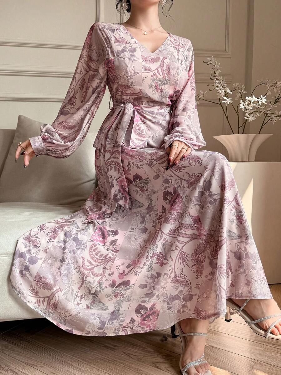 DAZY 女士优雅印花灯笼袖长连衣裙,花卉图案,秋季长袖连衣裙,波西米亚风度假装扮 - 玫紅色 - 查看 1