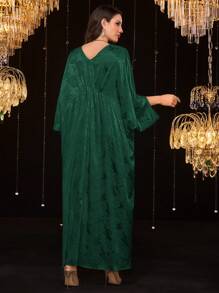 Al Najma 女式土耳其和阿拉伯风格花卉图案串珠褶皱腰长裙 - 墨綠色 - 查看 3