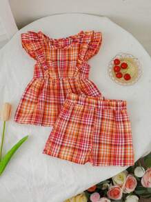 Baby Mädchen gestreifte Rüschen-Top ärmellos und Shorts Lässig Outfit, Sommer - Rot - Übersicht 3