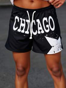 Manfinity EMRG 男士印花休闲短裤，简约时尚，适合日常穿着 - 黑色 - 查看 1