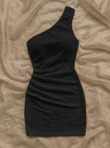 Soleia Casual Solid Color Draped One Shoulder Fitted Mini Dress - Black - View 4