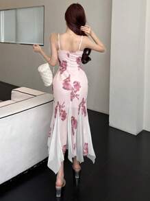 DAZY Elegant Sexy Spaghetti Strap V-Neck Floral Mesh Fishtail Dress Sundress - Multicolor - View 4