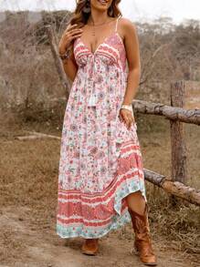 SHEIN Clasi Plus Size Women's Summer Western Boho Hippy Festival Holiday Casual Vacation Printed V-Neck Cami Dress