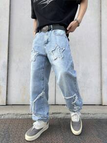 Manfinity EMRG Men's Casual Straight Leg Jeans With Pocket Star Frayed Detail - Light Wash - View 7