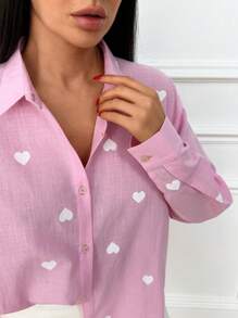 EURMUSE 100% Cotton HEART PATTERN LONG SLEEVE SHIRT - Pink - View 4