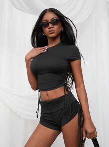 SHEIN Unity Kurze Hose Mini Frühling Raffung Seitenbindung Festival Sommer Lounge Gym Workout Streetwear Thanksgiving Weihnachten Silvester Für Frauen - Pink - Übersicht 6