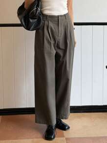 DAZY Women Solid Color Loose Pocket Pleated Ankle Length Pants - Grey - View 10