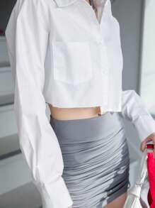 DAZY Camisa corta con botones y bolsillos dobles, blusas de manga larga, ropa de mujer de otoño