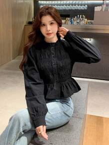 DAZY 女式纯色荷叶边修身长袖衬衫，秋季服装 - 黑色 - 查看 7