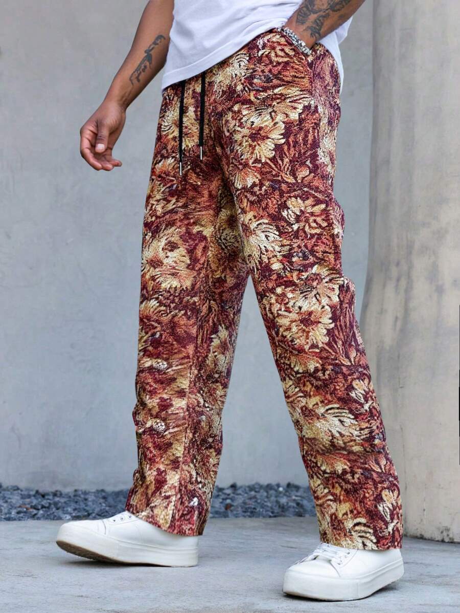 Manfinity Streetrush Pantalones casuales rectos de hombre con estampado jacquard vintage