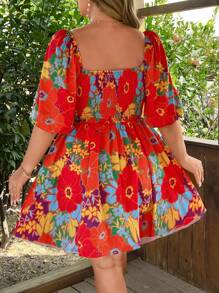 Flirla Große Größen Damen Freizeitkleid mit Blumenmuster, Puffärmeln, Kordelzug-Kragen und Webbindung