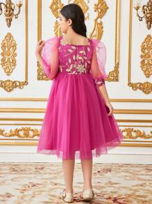 Tween Girls Floral Embroidery Spliced Mesh Short Sleeve Elegant Dress - Hot Pink - View 3