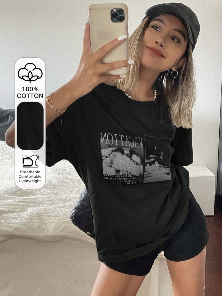 Loose Short Sleeve Round Neck Women's T-Shirt With Letter Print Summer Graphic Tee Oversized T-Shirt Preppy Tops