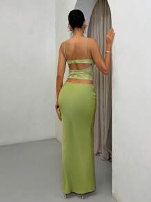 SHEIN BAE Bộ đồ hai mảnh đi biển mùa xuân và mùa hè thanh lịch, gợi cảm, ren liền thân màu trơn, áo hai dây và váy dài, trang phục mùa hè cho phụ nữ, trang phục đi nghỉ cho phụ nữ, váy dự tiệc cưới cho phụ nữ - xanh quân đội - Xem 2