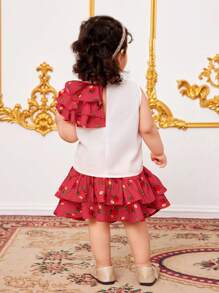 SHEIN 女婴夏季可爱荷叶边上衣和松紧腰裙两件套 - 紅色 - 查看 2