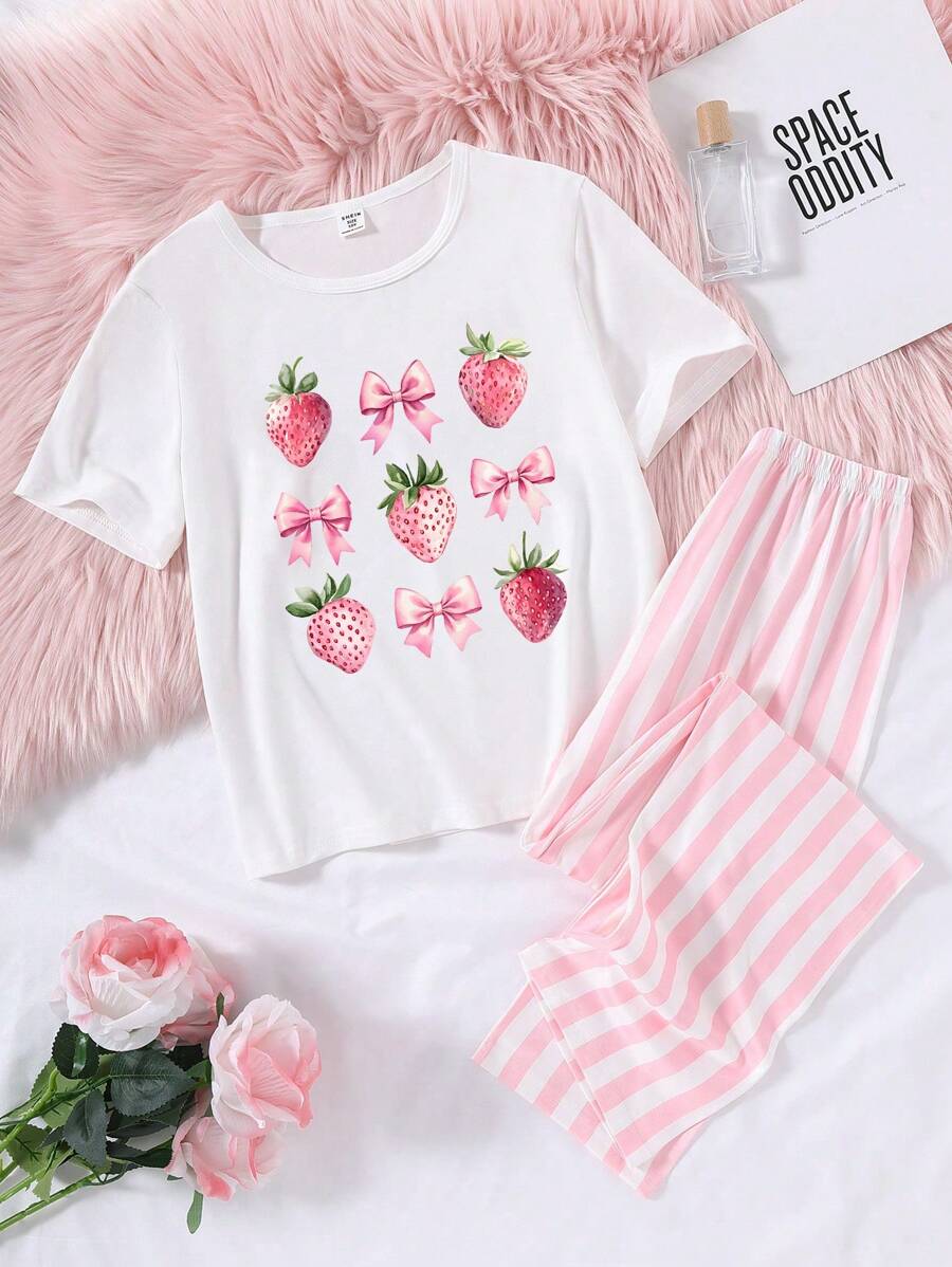 Tween Girl White Top + Pink Strawberry Bow Print Casual Short Sleeve Top & Pink Stripe Loose Knit 2 Pieces Pajama Set, Sleepwear - Multicolor - View 1
