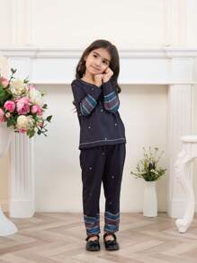 2pcs/Set Little Girls Minimalist Pattern Long Sleeve Top And Pants Set, Black Background - Black - View 5