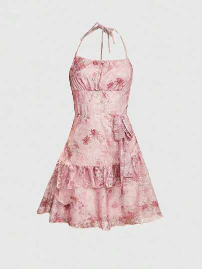 Fairycore Women's Pink Floral Print Lace Backless Halter Neck Dress