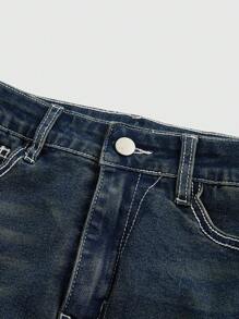 ROMWE Grunge Punk Spring/Summer Casual Y2K Vintage Bling Pocket Cross Wing Embroidery Plus Size Bodycon Mini Denim Skirt - Blue - View 4