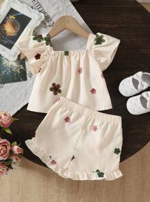 SHEIN Vintaside Kids فستان أطفال بناتي صيفي مطرز بالأزهار، بياقة مربعة مع أكمام منتفخة، مجموعة ملابس أساسية للخروج