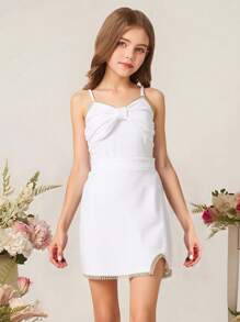 SHEIN Elegant Tween Girls Simple Sleeveless Cropped Tank Top With 3D Bow Detail And High Waist Slit Skirt 2 Pieces Outfit