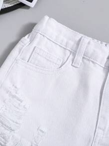 SHEIN Tween Girls Spring Summer Boho Ripped Raw Hem Denim Jeans Shorts,Girls Summer Clothes Outfits - White - View 4