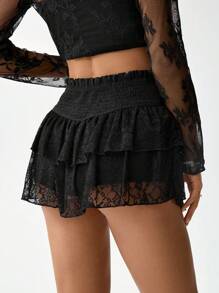 SHEIN LUNE Letnia spódnica mini w stylu boho z czarnej koronki, romantyczny strój na festiwal muzyki westernowej i amerykańskiej, strój na święta, strój hipisowski dla kobiet na koncert - Czarne - Zobacz 3