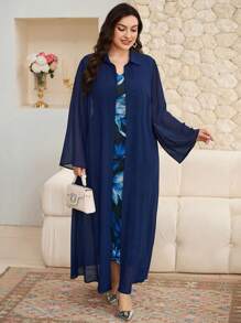 Al Najma Plus Size Women Floral Print Sleeveless Dress & Robe Set, Loose Abaya Style - Multicolor - View 6