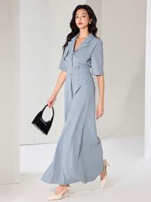 Heiryn Women's Solid Color Lapel Neck Casual Dress With Single Breasted Button