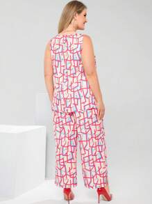 EMERY ROSE 大码休闲几何印花吊带背心和裤子两件套，优雅女装，女士夏季服装/夏季，夏装，朴素服装