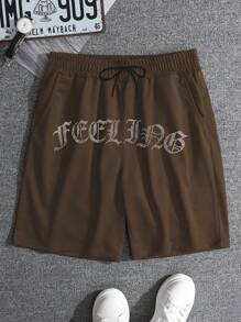 Manfinity EMRG 男士字母印花抽绳腰口袋休闲短裤男装男士短裤棕色短裤男式男士男士设计师短裤沙滩短裤 - 棕色 - 查看 3