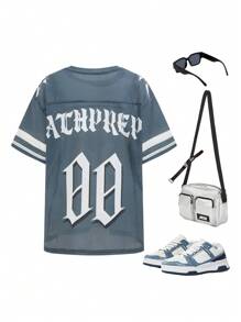 SHEIN Tween Boy Casual Veelzijdig Comfortabel Letter & Nummer Grafische Print Oversized Ronde Hals Gebreid T-shirt, Geschikt Voor School, Dagelijks Casual, Reizen, Sport, Lente/Zomer/Herfst/Winter