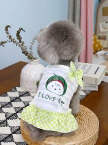 PETSIN Falda de cuadros ligera y transpirable con decoración de texto coreano "Cute Love", cachorro, sandía y lazo, ideal para perros en primavera/verano