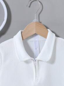 SHEIN 2pcs Young Boy Casual Half-Zipper Ribbed Top And Shorts Set, Versatile And Comfortable For Summer, Suitable For Outings And Various Occasions, School, Campus, College