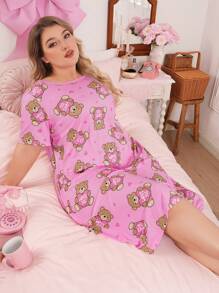 SHEIN Slumberry CURVE Plus Size Cartoon Print Round Neck Short Sleeve Nightgown, Moo Moo Sleep Dress - Multicolor - View 3