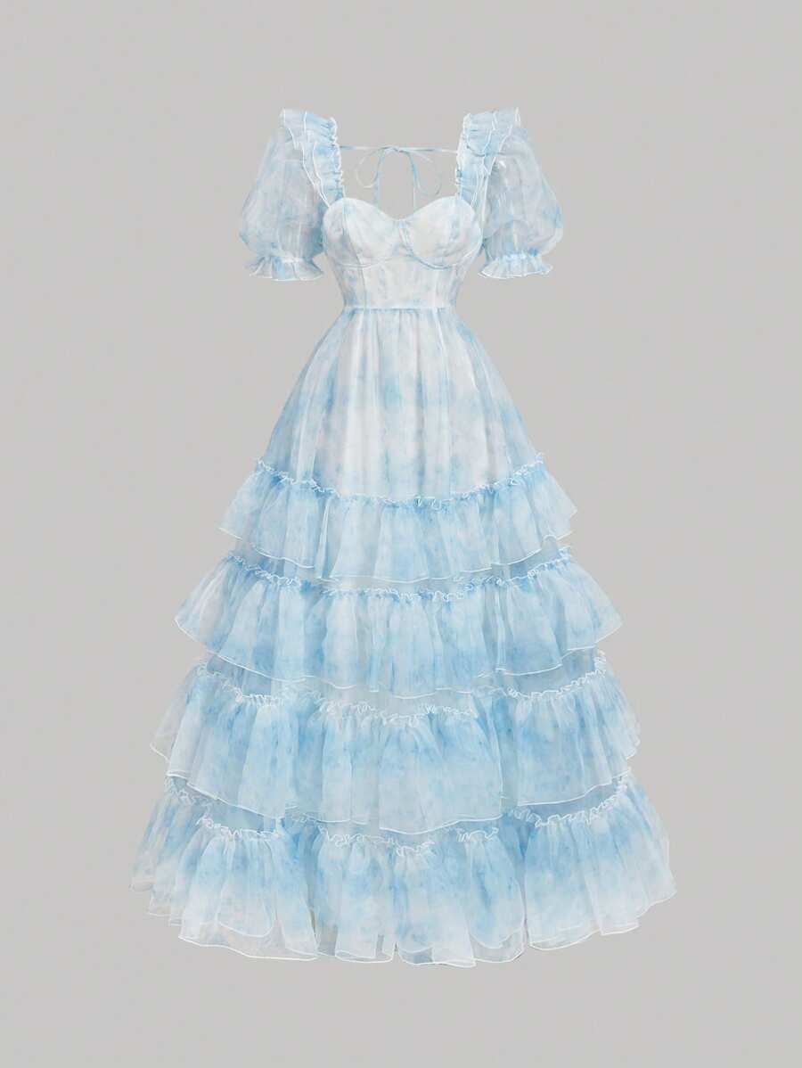 SHEIN MOD Bustier-Camisole mit Blumenmuster, blau-weiß gestreifte Taille, Korsettstruktur, Urlaubsoutfits für Damen, Sommerkleid, Country-Outfits, Strandurlaubskleidung, Frühlingskleid, Osterkleid für Damen - Blau-Weiß - Übersicht 1