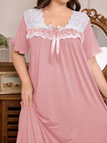 Trezura Plus Size Soft & Comfortable Knit Midi Dress With French Vintage Gown Inspired Floral Lace & Mesh Panels, Casual Loungewear, Pale Pink