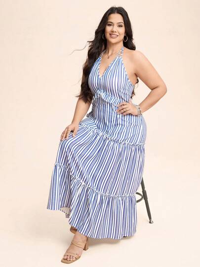 SHEIN LUNE 大码女式波西米亚风夏季轻盈透气吊带蓝色条纹长裙