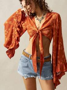 Bohemela 波西米亚风格镂空编织喇叭袖荷叶边下摆前系带女式衬衫 - 橘色 - 查看 4