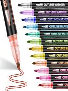 SHEIN 8/12/24/36/48 Couleurs de stylos de contour double ligne, marqueurs métalliques d'auto-contour, stylos scintillants pour écriture et dessin, pour cartes de Noël, artisanat DIY