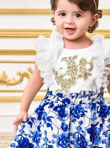 SHEIN Babygirl Cute Summer Elegant Ruffle Floral Top And Mini Skirt Set