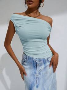 EMERY ROSE Top corto con cuello asimétrico y fruncido en los lados - Celeste - Ver 6
